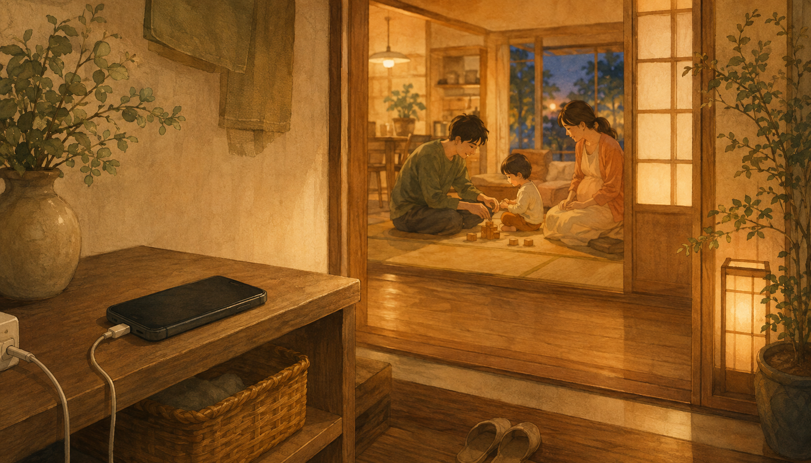 玄関の棚で充電されるスマートフォンと、奥の部屋で過ごす家族を描いたイラスト